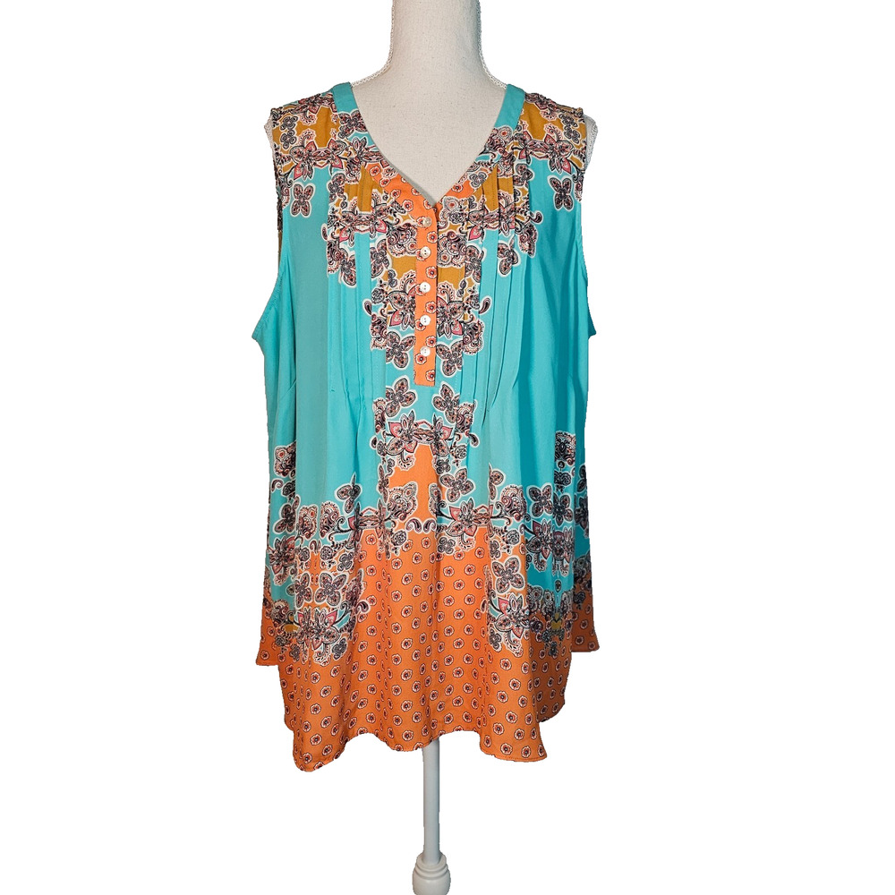 Rose + Olive Women's Sleeveless Tunic Top Size XL Paisley V-Neck Multicolor